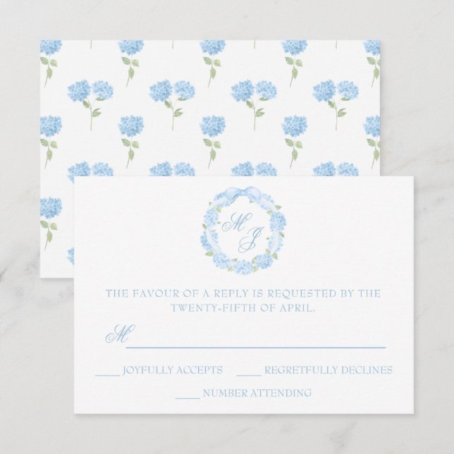 Vattenfärg Monogram Blue Hydrangea Wandeans Bröllo OSA Kort (Fram/baksida)