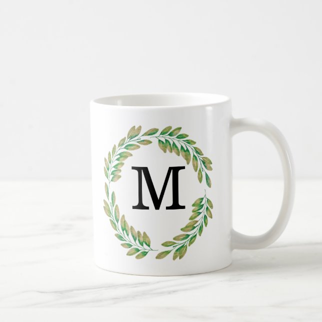 Vattenfärg Monogram Guld Grönt Löv Utandning Kaffemugg (Höger)