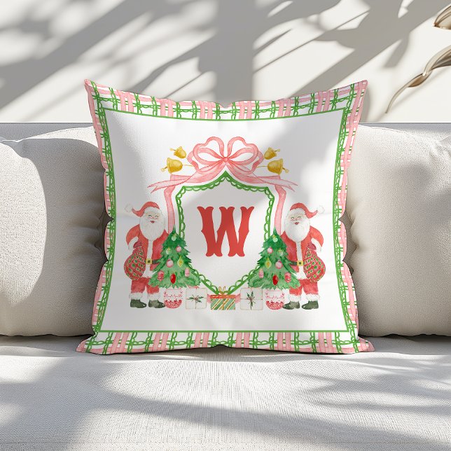 Vattenfärg Monogram Initial Rutig Santa Crest Kudde (Skapare uppladdad)