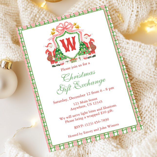 Vattenfärg Monogram Initial Santa Vapensköld jul Inbjudningar (Skapare uppladdad)