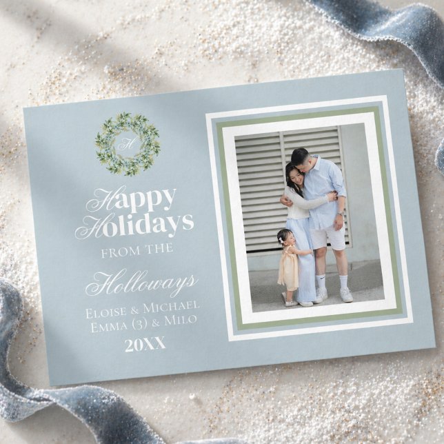 Vattenfärg Monogram Skript Foto Platt Högtidskort Julkort (Watercolor Monogram Script Photo Flat Holiday Card)