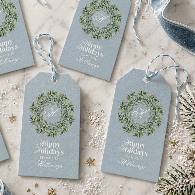 Vattenfärg Monogram Skript Foto Platt Julkort Presentetikett (Watercolor Monogram Script Photo Flat Holiday Card Gift Tags)