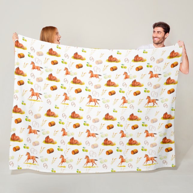 Vattenfärg Mönster Hästar Hästskor Hö Äpplen Fleecefilt (På plats)