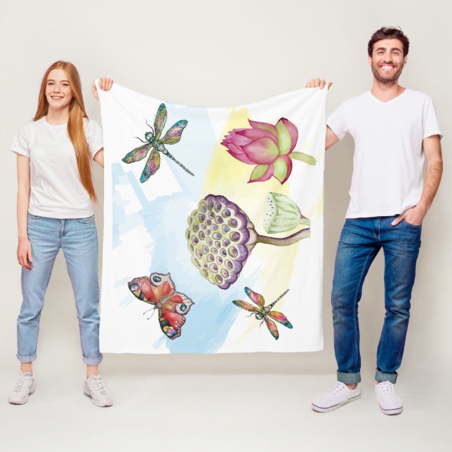 Vattenfärg mönster i dragonflugor och fjärilar fleecefilt (På plats)