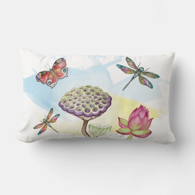 Vattenfärg mönster i dragonflugor och fjärilar lumbarkudde (Framsida)