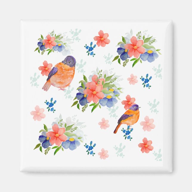 Vattenfärg mönster med fåglar och blommor magnet (Framsidan)