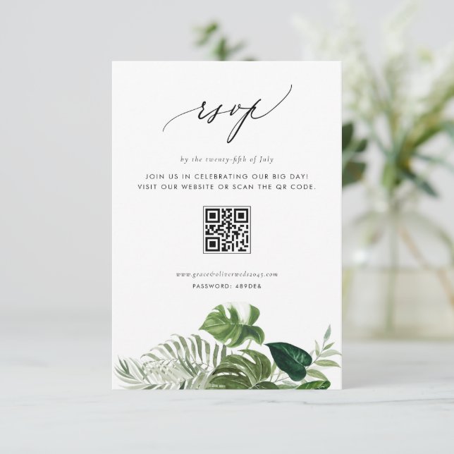 Vattenfärg Monstera Grönska QR-kod Bröllop OSA Kort (Stående Fram)