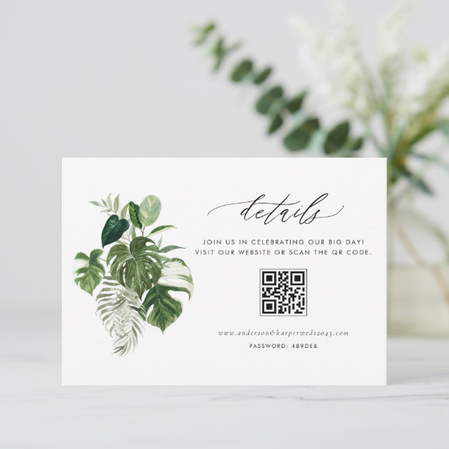 Vattenfärg Monstera Sommar Bröllopsdetaljer QR-kod Tilläggskort (Stående Fram)