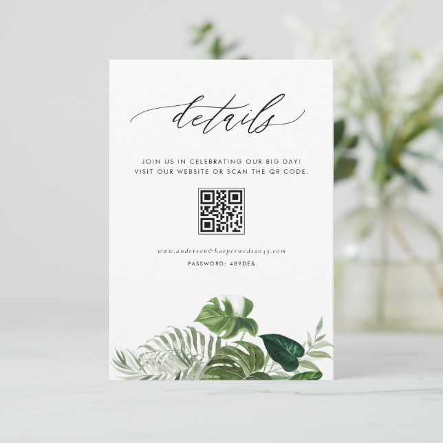 Vattenfärg Monstera Sommar QR-kod Bröllopsdetaljer Tilläggskort (Stående Fram)
