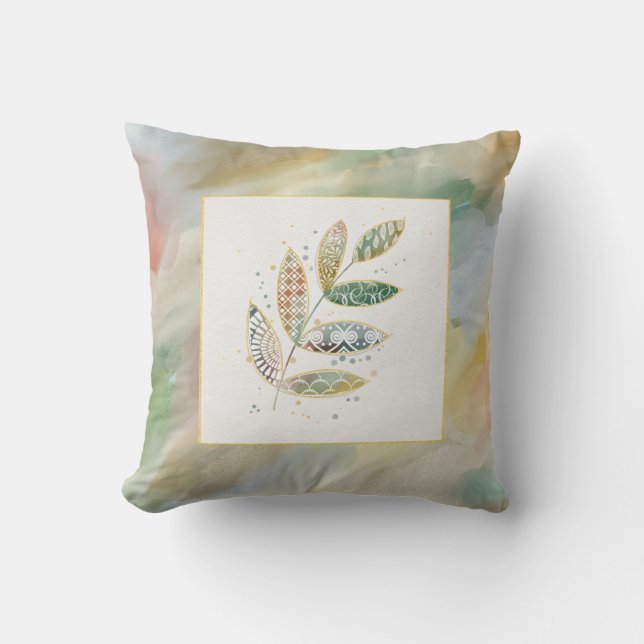 Vattenfärg Mönsterblad Monogram Kudde (Framsida)