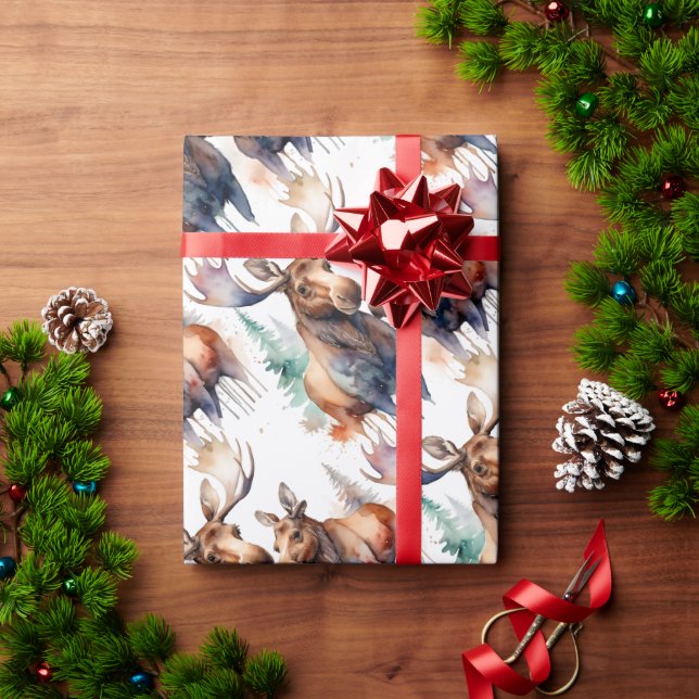 Vattenfärg Moose Winter Animal Wildlife Nature Art Presentpapper (Julgåva)