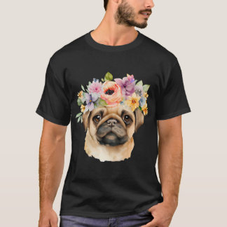 Vattenfärg Mops Hund med Blomsterkrans T Shirt