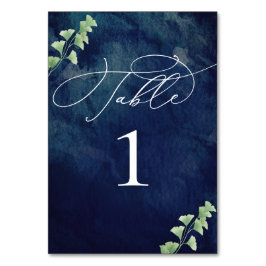 Vattenfärg Mörk blått med Greenery Bröllop Bordsnummer