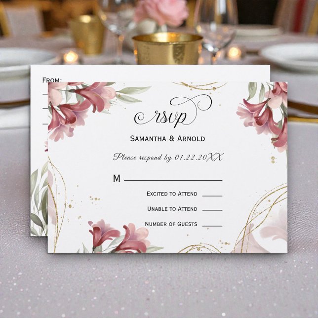 Vattenfärg Mörkröd Blommig Bröllops-RSVP Inbjudningar (Skapare uppladdad)