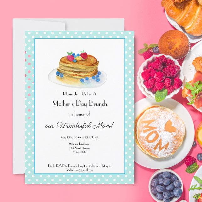 Vattenfärg Morsdags Pannkaksbrunchfest Inbjudningar (Celebrate your Mom with this lovely watercolor pancake brunch invitation. )