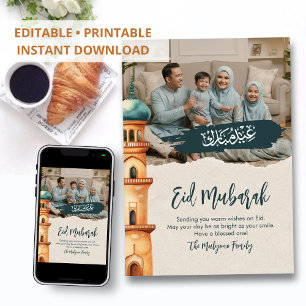 Vattenfärg Moske Illustration Familjefoto Eid Julkort