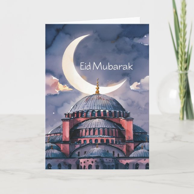 Vattenfärg Moske måne Eid Mubarak Halvmåne Helgkort (Framsida)