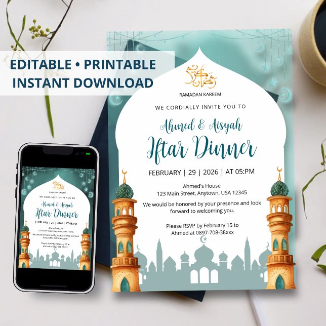 Vattenfärg Moske Mint Teal & Guld Ramadan Iftar Inbjudningar (Skapare uppladdad)