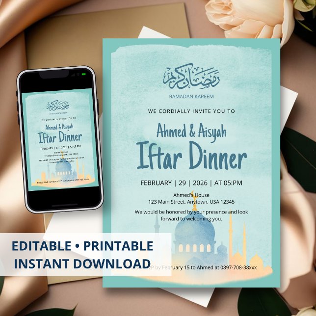 Vattenfärg Moske Ramadan Iftar Festinbjudan Inbjudningar (Skapare uppladdad)