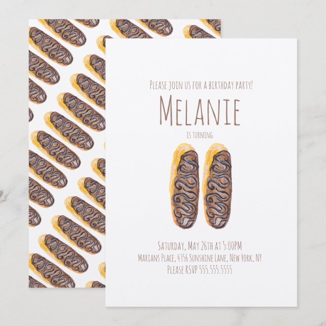 Vattenfärg Munk 11-årsdag Choklad Éclairs Inbjudningar (Fram/baksida)