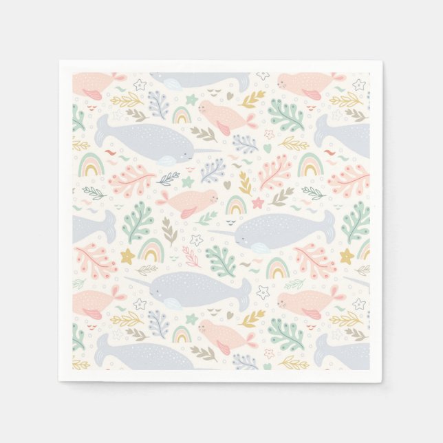 Vattenfärg Narwhal & Seal Mönster Pappersservett (Framsidan)