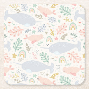 Vattenfärg Narwhal & Seal Mönster Underlägg Papper Kvadrat