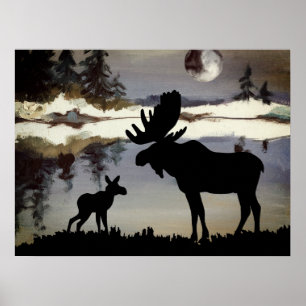 Vattenfärg Natt Älg och Bebis Skog Poster