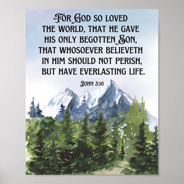 Vattenfärg Naturberg John 3 16 Scripture Poster (Framsidan)