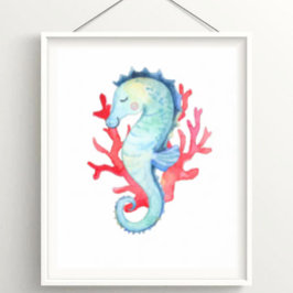 Vattenfärg Nautical Ocean Seahorse och Coral Poster