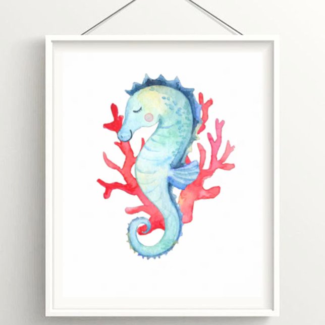 Vattenfärg Nautical Ocean Seahorse och Coral Poster (Skapare uppladdad)
