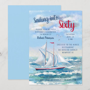 Vattenfärg Nautical Sailing Yacht 60 Birthday Inbjudningar