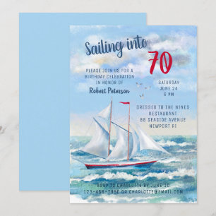 Vattenfärg Nautical Sailing Yacht 70 Birthday Inbjudningar