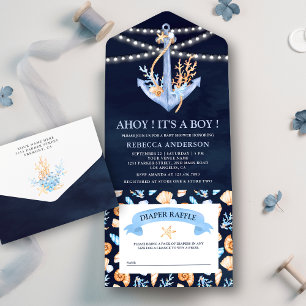 Vattenfärg Nautilus Ankar Marinblå Baby Shower