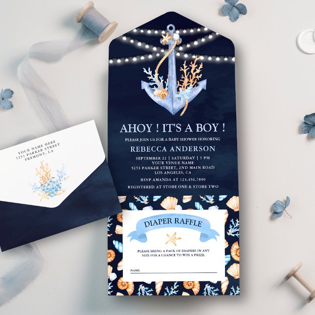 Vattenfärg Nautilus Ankar Marinblå Baby Shower (Skapare uppladdad)