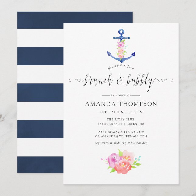 Vattenfärg Nautilus tema Blommig Brunch och Bubbly Inbjudningar (Fram/baksida)