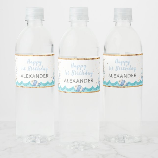 Vattenfärg Nautisk 1:a födelsedag Vattenflaskor Etikett (Flaskor)