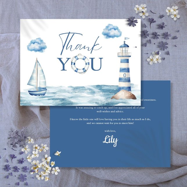 Vattenfärg Nautisk Baby Shower Tack Kort (Watercolor Nautical Baby Shower Thank You Card)