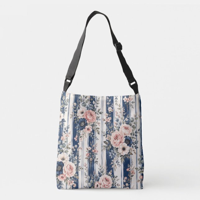 Vattenfärg Navy Blommig Rand Mönster Design Axelväska (Baksida)