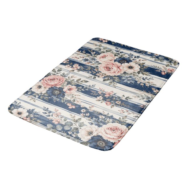 Vattenfärg Navy Blommig Rand Mönster Design Badrumsmatta (Vinklad)