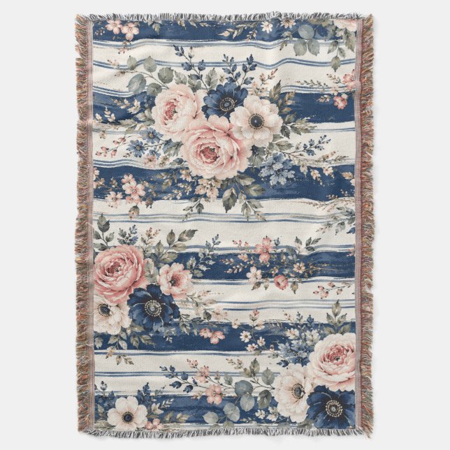 Vattenfärg Navy Blommig Rand Mönster Design Filt (Framsidan Vertikal)