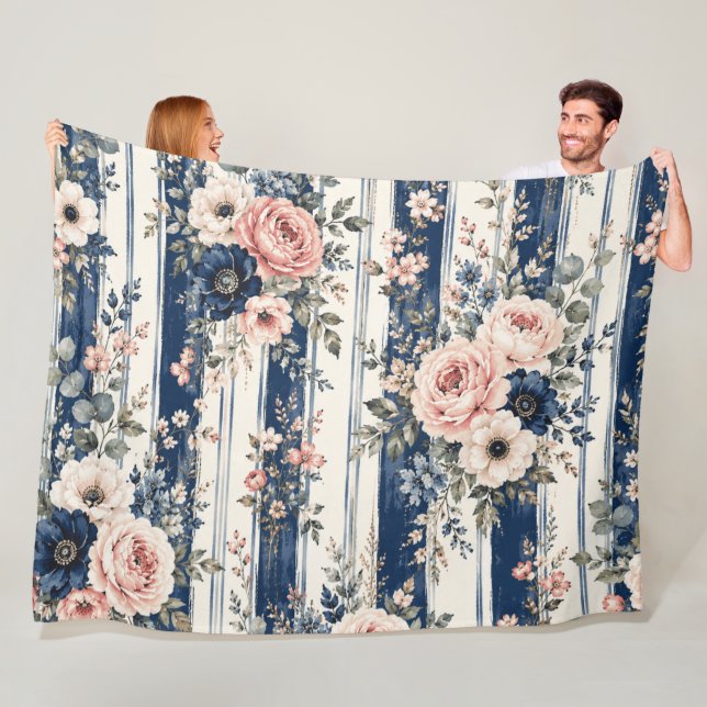 Vattenfärg Navy Blommig Rand Mönster Design Fleecefilt (På plats)