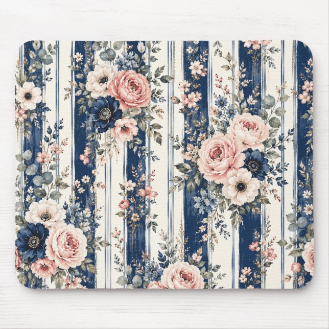 Vattenfärg Navy Blommig Rand Mönster Design Musmatta (Framsidan)