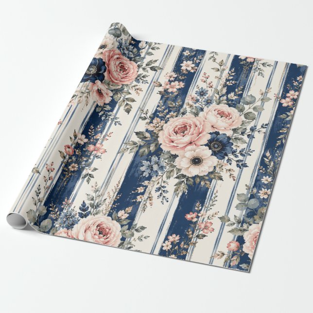 Vattenfärg Navy Blommig Rand Mönster Design Presentpapper (Utrullad)