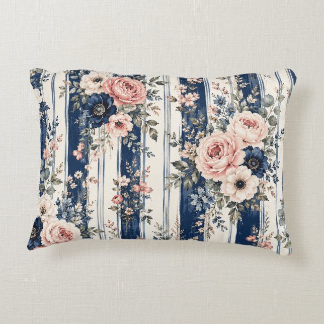 Vattenfärg Navy Blommig Rand Mönster Design Prydnadskudde (Baksidan)