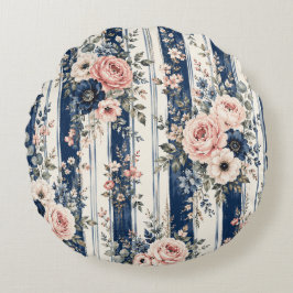 Vattenfärg Navy Blommig Rand Mönster Design Rund Kudde