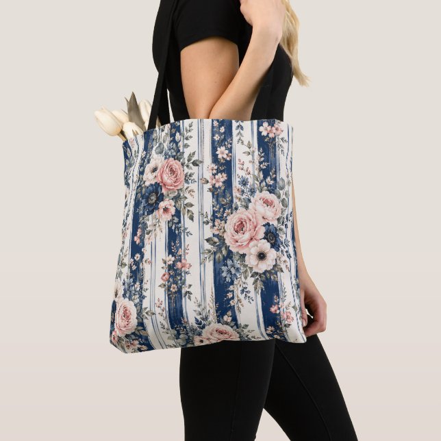 Vattenfärg Navy Blommig Rand Mönster Design Tygkasse (Närbild)