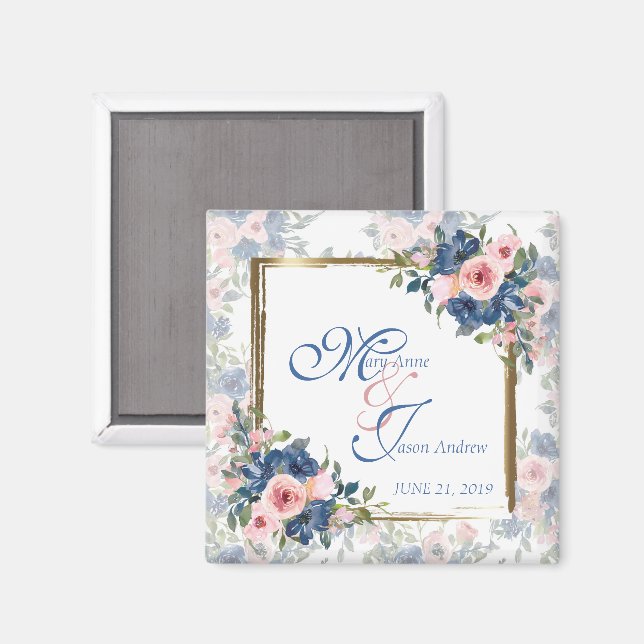 Vattenfärg Navy & Blush Bröllop Magnet (Front/Back)