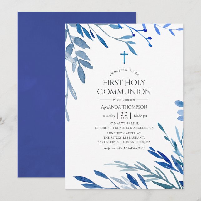 Vattenfärg Navy Indigo Blad Första Kommunion Inbjudningar (Fram/baksida)