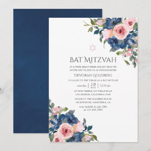 Vattenfärg Navy och Blush Blommig Bat Mitzvah Inbjudningar