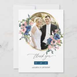 Vattenfärg Navy och Blush Blommig Bröllopsfoto Tack Kort
